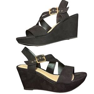 Black Suede Wedges with Gold Buckles
